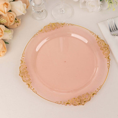 10-Pack Plastic Round Dinner Plates 10" Transparent Blush with Gold Leaf Embossed Rim - Vintage Baroque Style Disposable Plates