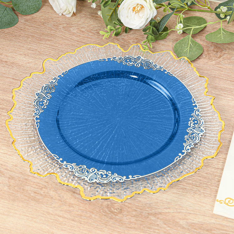 10 Pack Transparent Navy Blue Plastic Dinner Plates with Silver Leaf Embossed Baroque Rim