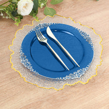 10 Pack Transparent Navy Blue Plastic Dinner Plates with Silver Leaf Embossed Baroque Rim