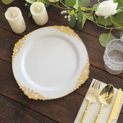 10-Pack Plastic Round Dinner Plates 10" White with Gold