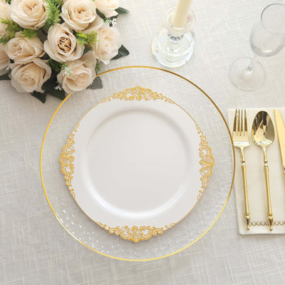 10-Pack Plastic Round Dinner Plates 10" White with Gold
