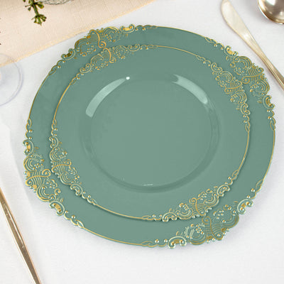 10-Pack Plastic Round Dessert Plates 8" Dusty Sage Green with Gold Leaf Embossed Rim - Vintage Baroque Style Disposable Salad Plates