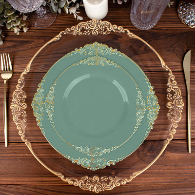 10-Pack Plastic Round Dessert Plates 8" Dusty Sage Green with Gold Leaf Embossed Rim - Vintage Baroque Style Disposable Salad Plates