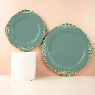 10-Pack Plastic Round Dessert Plates 8" Dusty Sage Green with Gold Leaf Embossed Rim - Vintage Baroque Style Disposable Salad Plates
