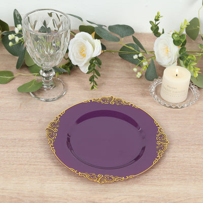 10-Pack Plastic Round Dessert Plates 8" Purple with Gold Leaf Embossed Rim - Vintage Baroque Style Disposable Salad Plates