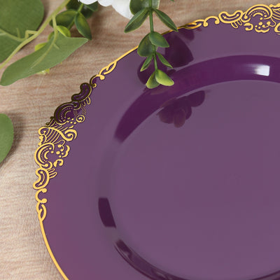 10-Pack Plastic Round Dessert Plates 8" Purple with Gold Leaf Embossed Rim - Vintage Baroque Style Disposable Salad Plates