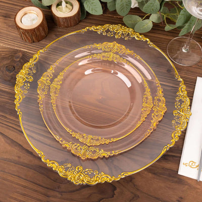 10-Pack Plastic Round Dessert Plates 8" Transparent Blush with Gold Leaf Embossed Rim - Vintage Baroque Style Disposable Salad Plates