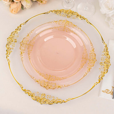 10-Pack Plastic Round Dessert Plates 8" Transparent Blush with Gold Leaf Embossed Rim - Vintage Baroque Style Disposable Salad Plates