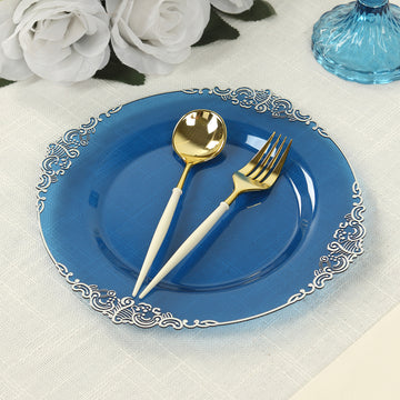 <span style="background-color:transparent;color:#000000;">Elegant Dining with Navy Blue Silver Baroque Rim Plates</span>