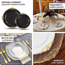 10 Pack Transparent Black Plastic Appetizer Dessert Plates Gold Leaf Embossed Baroque Rim