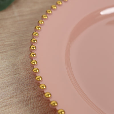 10-Pack Plastic Round Dinner Plates 10" Dusty Rose with Gold Beaded Rim - Disposable Party Plates for Stylish Gatherings & Celebrations
