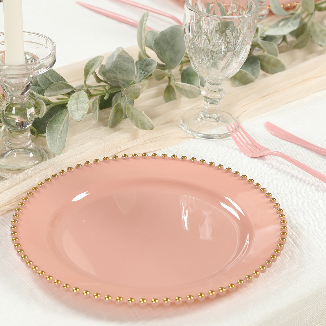 10-Pack Plastic Round Dinner Plates Dusty Rose with Gold Beaded Rim - Disposable Party Plates
