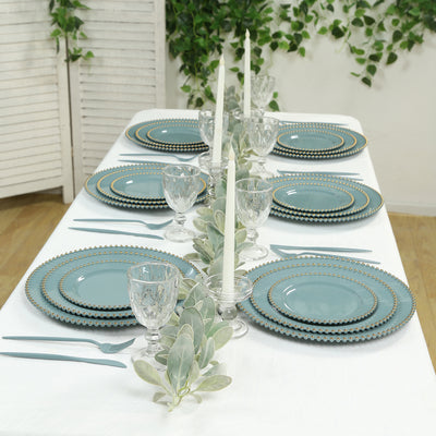10-Pack Plastic Round Dinner Plates 10" Dusty Blue with Gold Beaded Rim - Disposable Party Plates for Stylish Gatherings & Celebrations