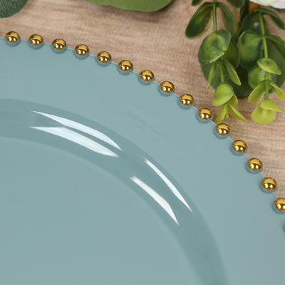 10-Pack Plastic Round Dinner Plates 10" Dusty Blue with Gold Beaded Rim - Disposable Party Plates for Stylish Gatherings & Celebrations