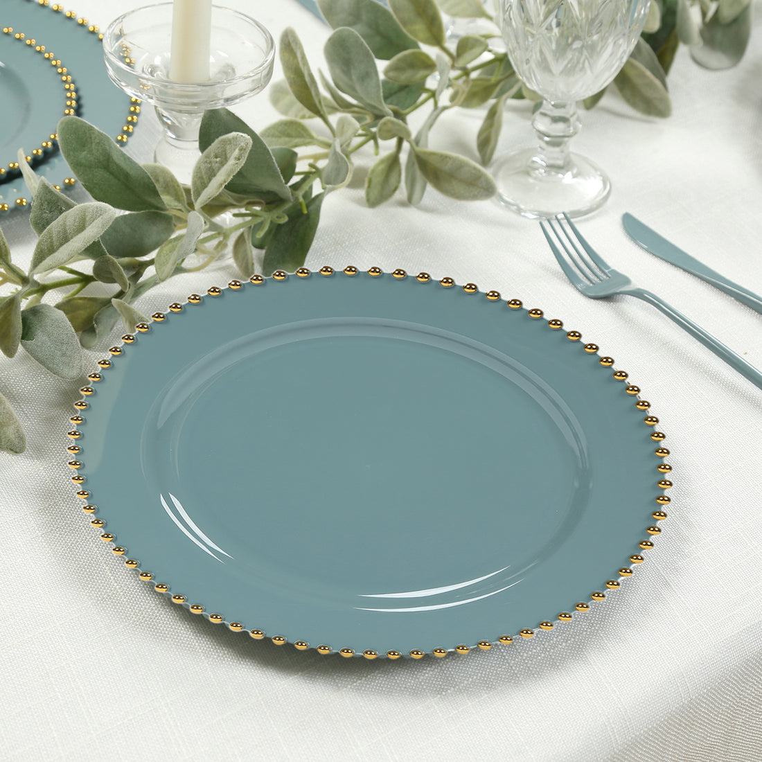 10-Pack Plastic Round Dinner Plates Dusty Blue with Gold Beaded Rim - Disposable Party
