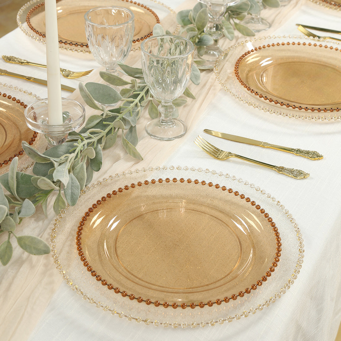 10-Pack Plastic Round Dinner Plates Amber Gold with Beaded Rim - Disposable Party Plates