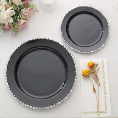 10-Pack Plastic Round Dinner Plates 10" Black with Silver Beaded Rim - Disposable Party Plates