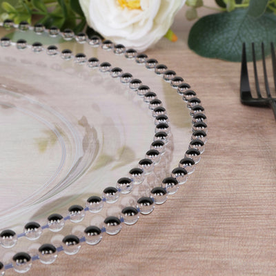 10-Pack Plastic Round Dinner Plates 10" Clear with Black Beaded Rim - Disposable Party Plates