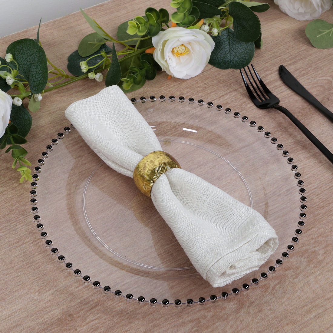 10-Pack Plastic Round Dinner Plates 10inch Clear with Black Beaded Rim - Disposable Party Plates