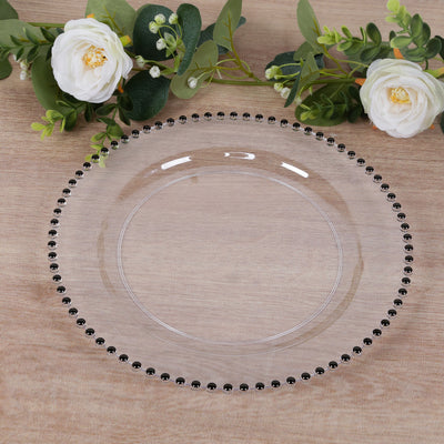 10-Pack Plastic Round Dinner Plates 10" Clear with Black Beaded Rim - Disposable Party Plates
