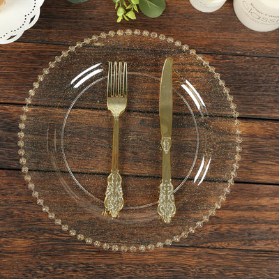 10-Pack Plastic Round Dinner Plates 10" Clear Gold Glittered with Beaded Rim - Disposable Party Plates