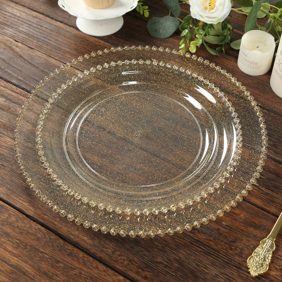 10-Pack Plastic Round Dinner Plates Clear Gold Glittered with Gold Beaded Rim - Disposable Party