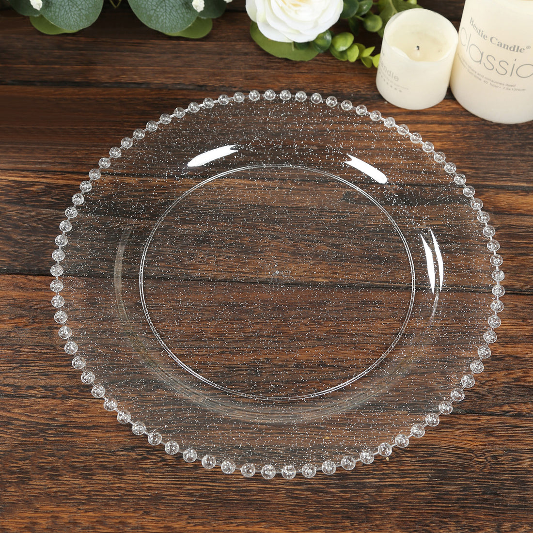10-Pack Plastic Round Dinner Plates Clear Silver Glittered with Silver Beaded Rim 