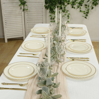 10-Pack Plastic Round Dinner Plates 10" Ivory with Gold Beaded Rim - Disposable Party Plates for Stylish Gatherings & Celebrations