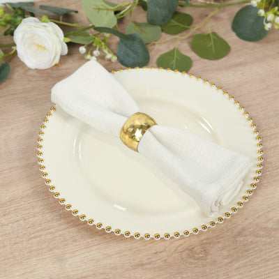 10-Pack Plastic Round Dinner Plates 10" Ivory with Gold Beaded Rim - Disposable Party Plates for Stylish Gatherings & Celebrations