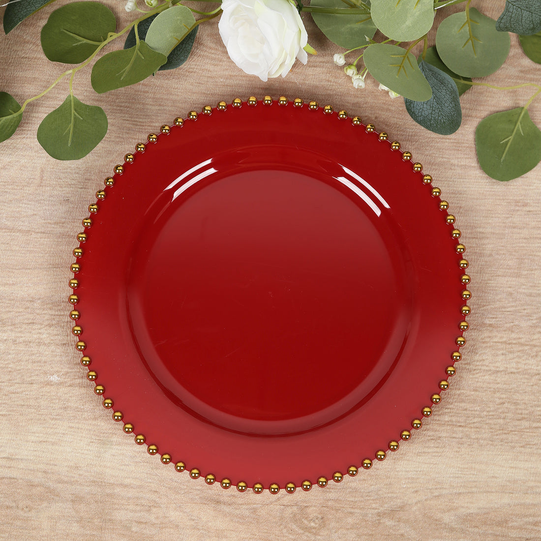 10-Pack Plastic Round Dinner Plates Red with Gold Beaded Rim - Disposable Party Plates