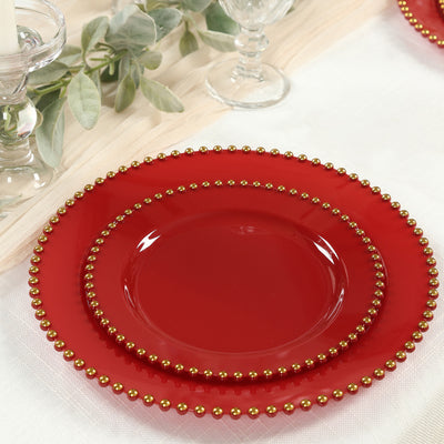 10-Pack Plastic Round Dinner Plates 10" Red with Gold Beaded Rim - Disposable Party Plates for Stylish Gatherings & Celebrations