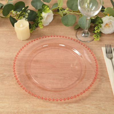 10-Pack Plastic Round Dinner Plates 10" Transparent Blush with Beaded Rim - Disposable Party Plates