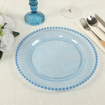 10 Pack Transparent Dusty Blue Plastic Dinner Plates with Beaded Rim, Round Disposable Party Plates - 10"