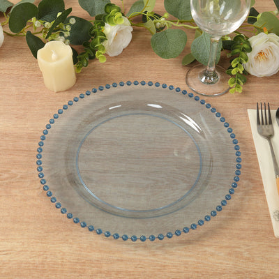 10-Pack Plastic Round Dinner Plates 10" Transparent Dusty Blue with Beaded Rim - Disposable Party Plates