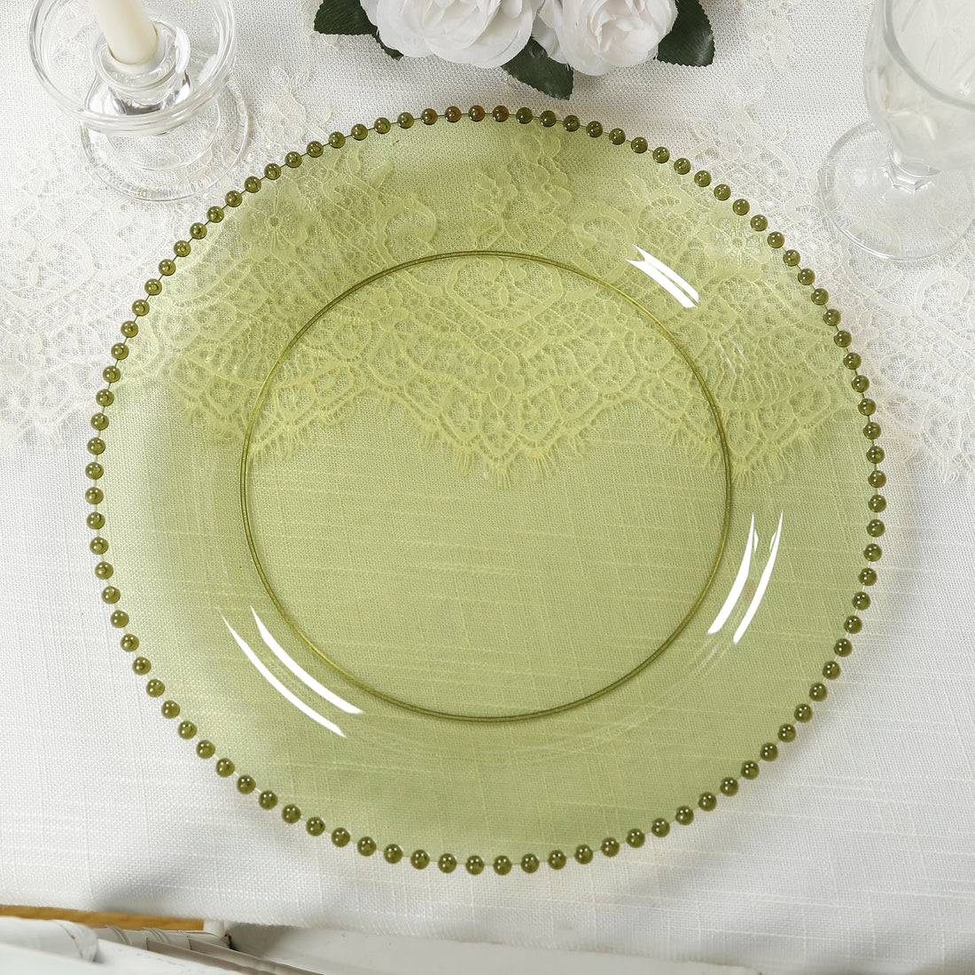 10-Pack Plastic Round Dinner Plates 10inch Transparent Dusty Sage Green with Beaded Rim Disposable