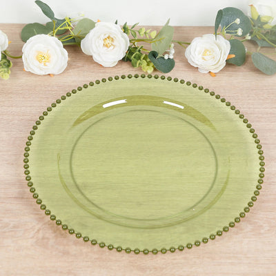 10-Pack Plastic Round Dinner Plates 10" Transparent Dusty Sage Green with Beaded Rim - Disposable Party Plates