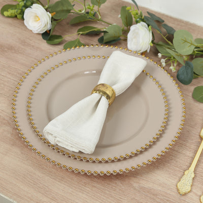10-Pack Plastic Round Dinner Plates 10" Taupe with Gold Beaded Rim - Disposable Party Plates for Stylish Gatherings & Celebrations