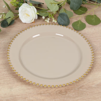 10-Pack Plastic Round Dinner Plates 10" Taupe with Gold Beaded Rim - Disposable Party Plates for Stylish Gatherings & Celebrations