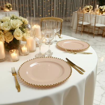 10-Pack Plastic Round Dinner Plates 10" Taupe with Gold Beaded Rim - Disposable Party Plates for Stylish Gatherings & Celebrations