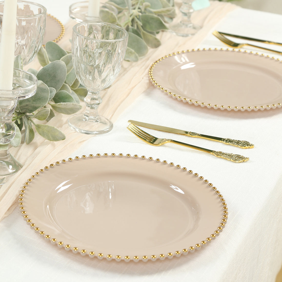 10-Pack Plastic Round Dinner Plates Taupe with Gold Beaded Rim - Disposable Party Plates
