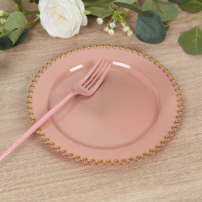 10 Pack Plastic Dessert Appetizer Plates in Dusty Rose with Gold Beaded Rim, Disposable Round Salad Party Plates 8"