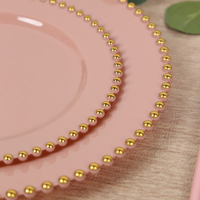 10 Pack Plastic Dessert Appetizer Plates in Dusty Rose with Gold Beaded Rim, Disposable Round Salad Party Plates 8"