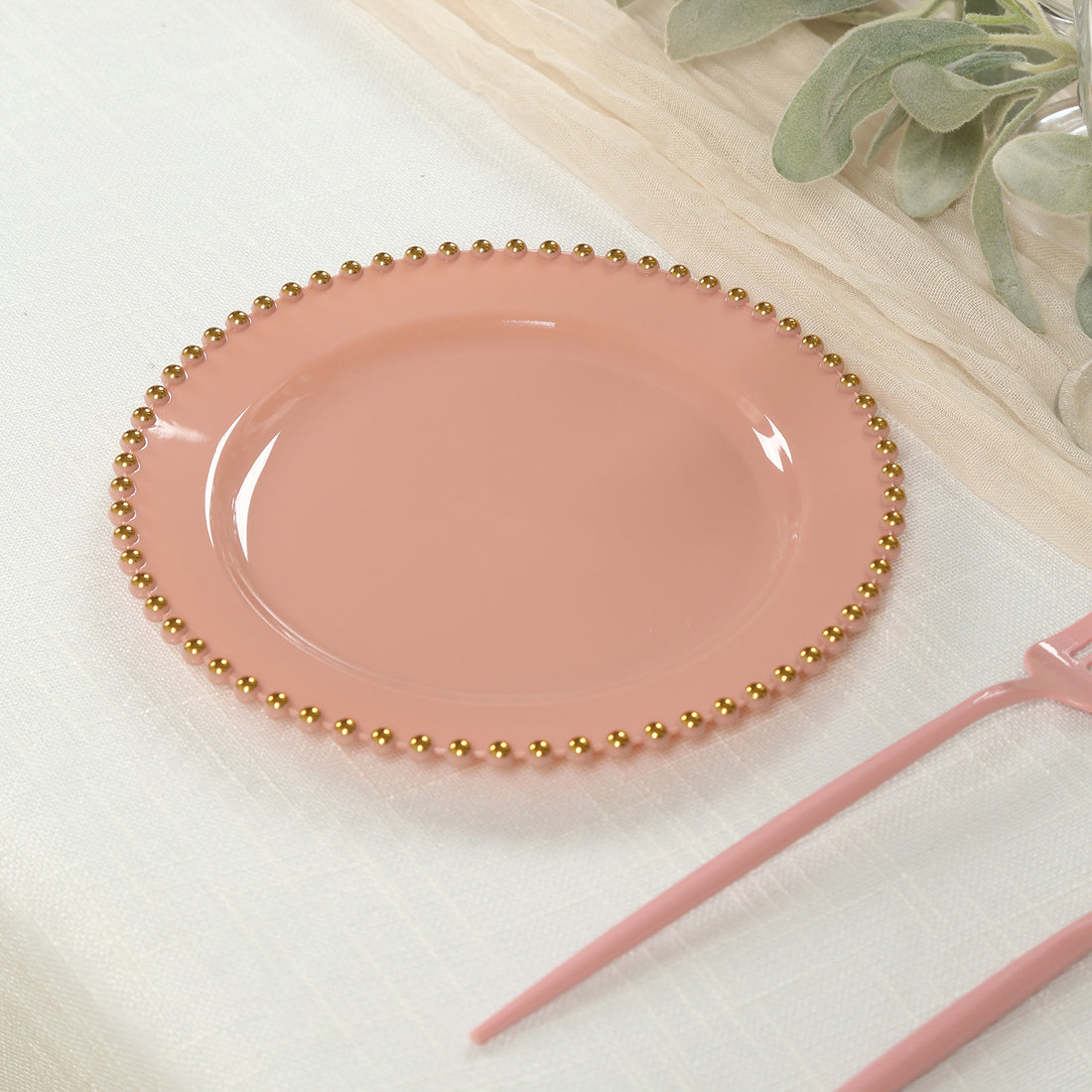 10 Pack Plastic Dessert Appetizer Plates in Dusty Rose with Gold Beaded Rim, Disposable