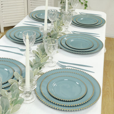 10 Pack Plastic Dessert Appetizer Plates in Dusty Blue with Gold Beaded Rim, Disposable Round Salad Party Plates 8"