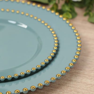 10 Pack Plastic Dessert Appetizer Plates in Dusty Blue with Gold Beaded Rim, Disposable Round Salad Party Plates 8"