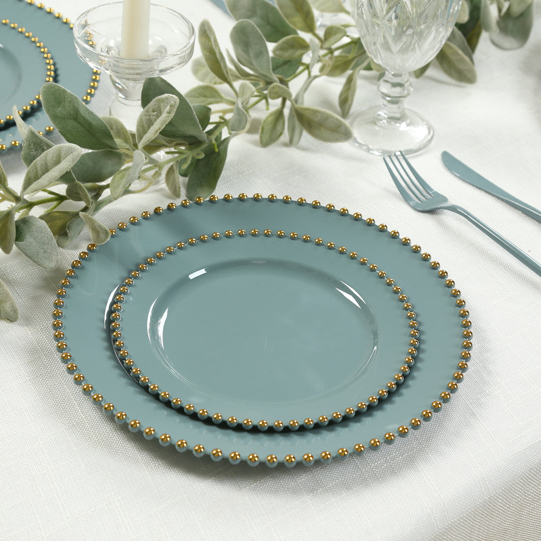 10 Pack Plastic Dessert Appetizer Plates in Dusty Blue with Gold Beaded Rim, Disposable