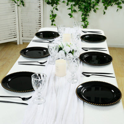 10 Pack Plastic Dessert Appetizer Plates in Black with Gold Beaded Rim, Disposable Round Salad Party Plates 8"