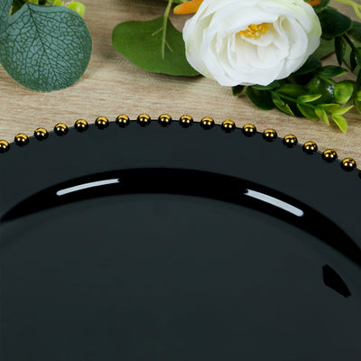 10 Pack Plastic Dessert Appetizer Plates in Black with Gold Beaded Rim, Disposable Round Salad Party Plates 8"