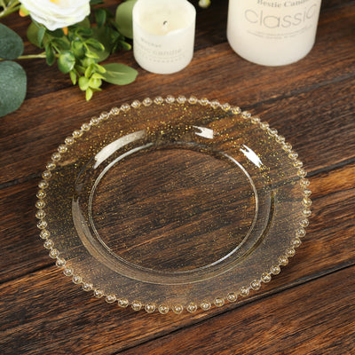 10 Pack Plastic Dessert Appetizer Plates in Clear Gold Glittered with Beaded Rim, Disposable Round Salad Party Plates 8"
