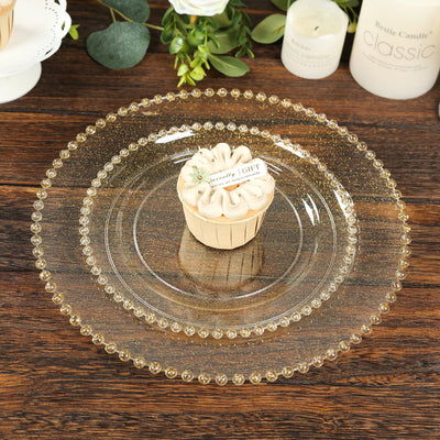 10 Pack Plastic Dessert Appetizer Plates in Clear Gold Glittered with Beaded Rim, Disposable Round Salad Party Plates 8"